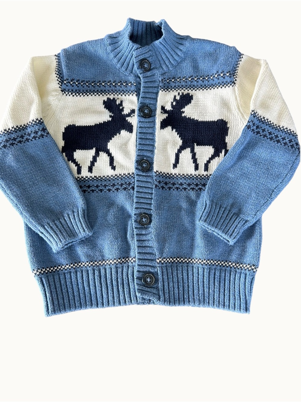 Janie and Jack Blue and White Moose Knit Cardigan Boys Size 3